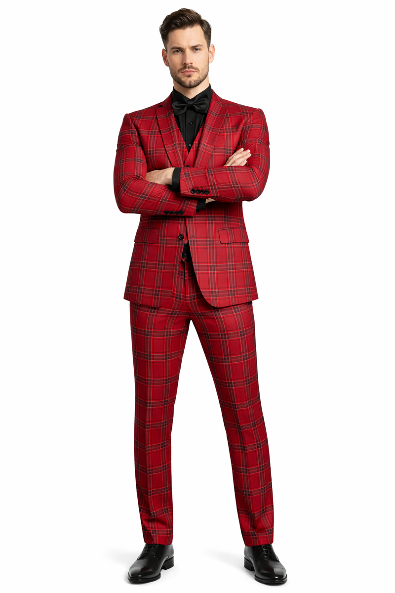 Mens Burgundy Plaid Three-Piece Suit â€“ Ultra Slim Fit Checkered Windowpane Redish 544-10