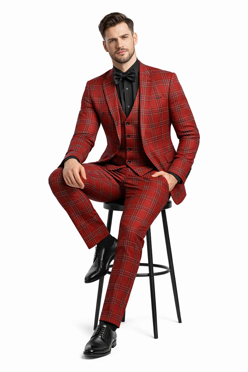 Mens Burgundy Plaid Three-Piece Suit â€“ Ultra Slim Fit Checkered Windowpane Redish 544-10