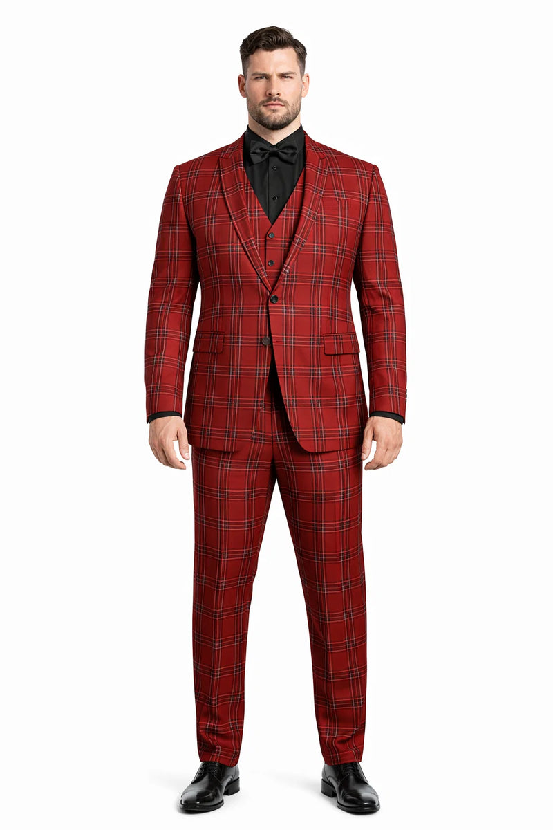 Mens Burgundy Plaid Three-Piece Suit â€“ Ultra Slim Fit Checkered Windowpane Redish 544-10