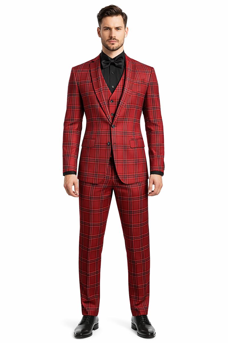 Mens Burgundy Plaid Three-Piece Suit â€“ Ultra Slim Fit Checkered Windowpane Redish 544-10
