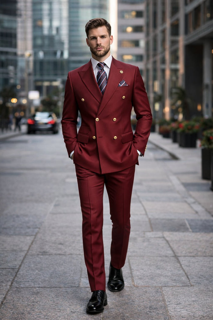 Mens Designer Modern Fit Double Breasted Wool Suit with Gold Buttons in Burgundy