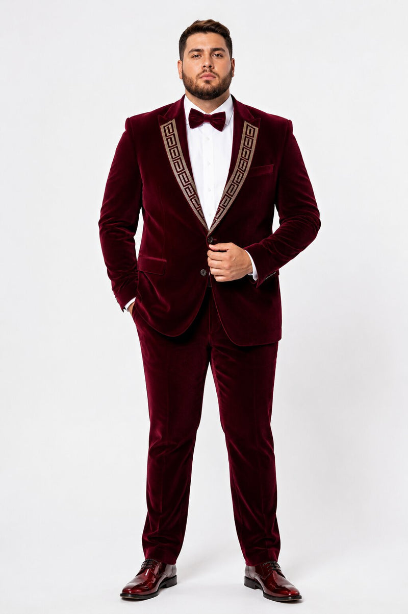 EJ Samuel Men's Burgundy Modern Fit Velvet Tuxedo with Gold Sequin Lapel
