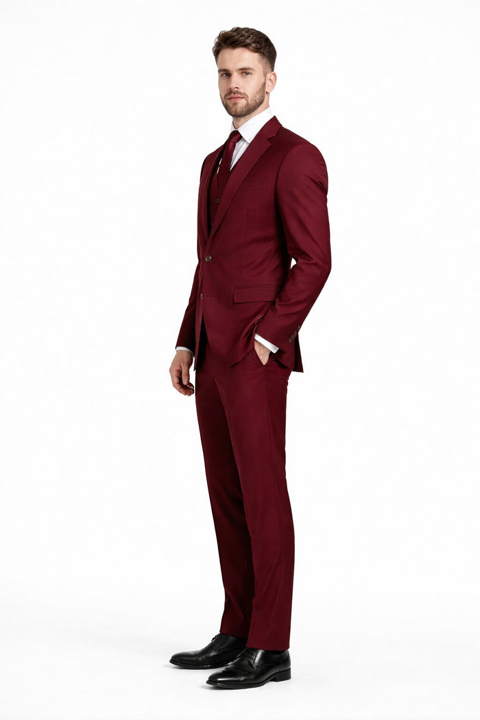 Mens Stacy Adams Suits - Designer Suit - 3 Piece Suit - Vested Suit - Flat Front Pant- Modern Fit Suits Burgundy Suit
