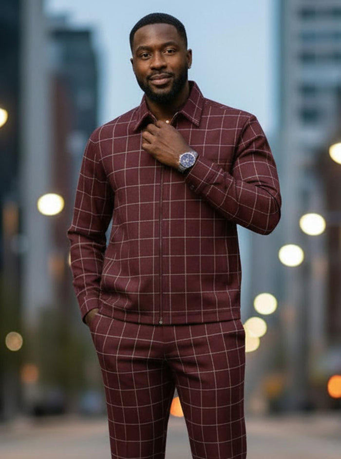 Mens Burgundy Windowpane Leisure Suit BP6789