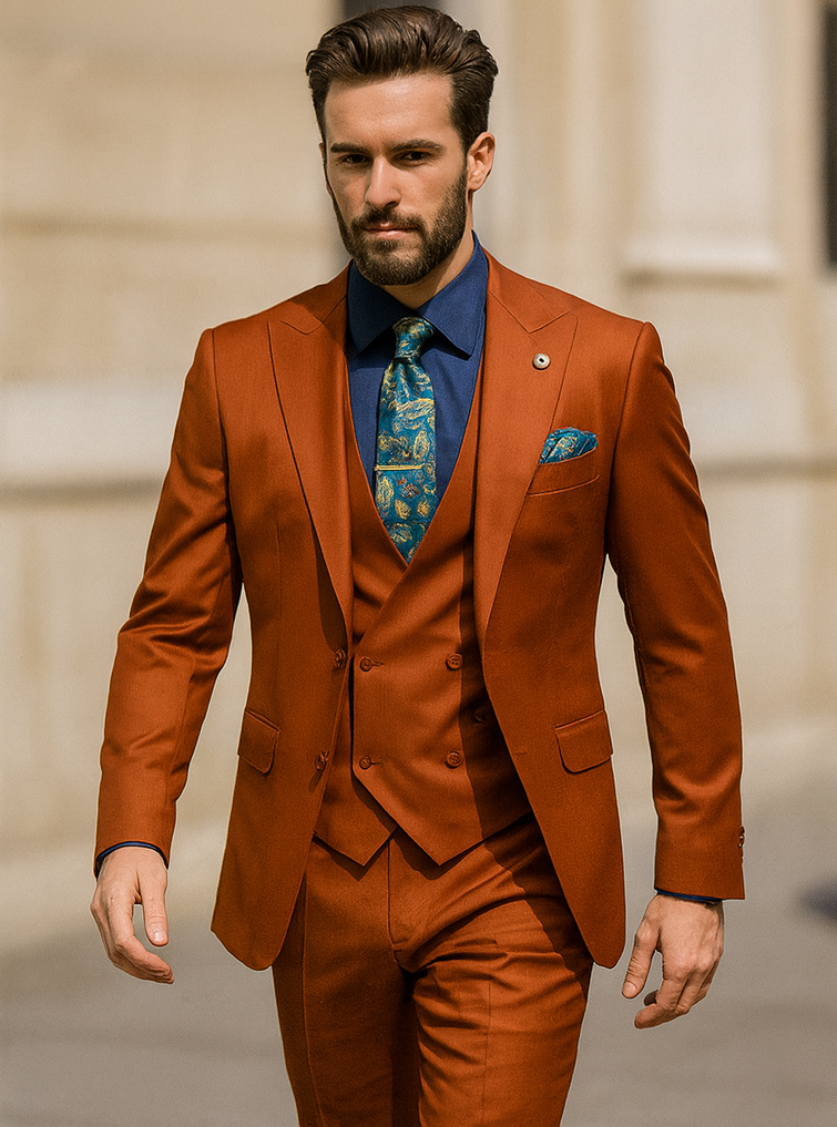 Stylish orange men's suit with fitted vest, navy shirt, and patterned tie. Tailored jacket with structured shoulders and sleek lapels, creating a modern, cohesive look with smooth, textured materials.
