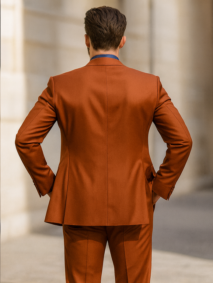 Luxury men's orange suit: fitted blazer with flared bottom and structured shoulder, matching trousers. Includes vest and navy shirt accent.
