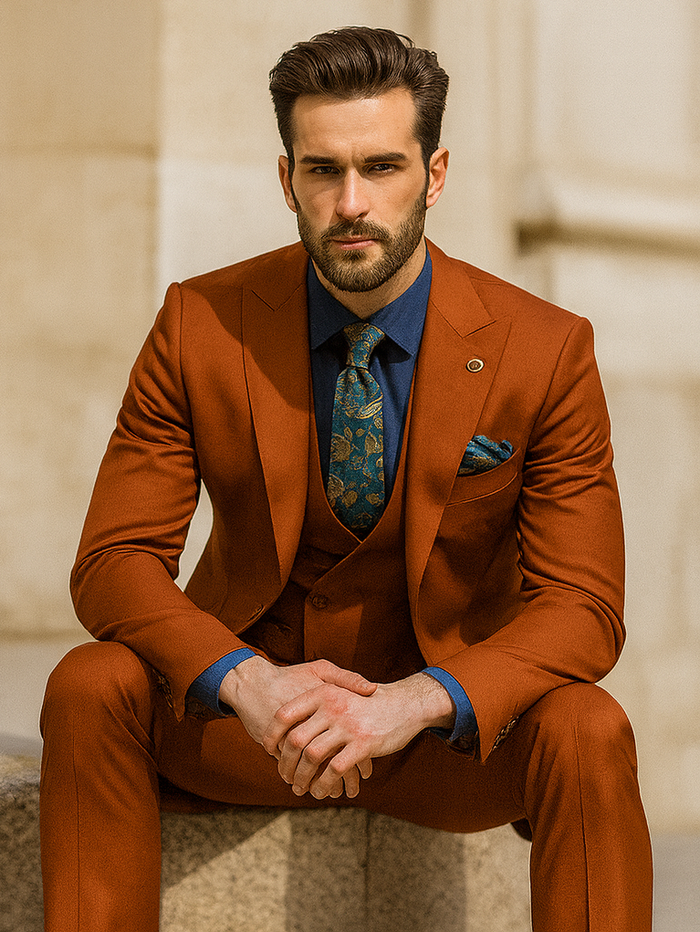 Vibrant orange luxury men's suit with a fitted vest and navy shirt. Features structured shoulders, slim trousers. Includes blue/green patterned tie & pocket square. Modern design.
