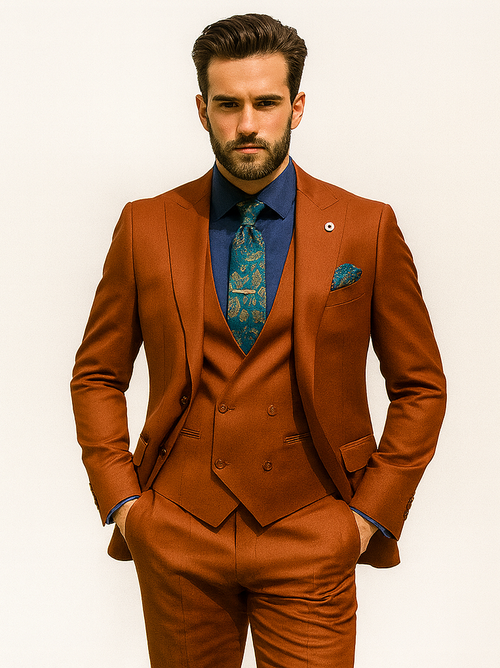 Orange luxury men's suit: double-breasted vest & trousers. Navy shirt & patterned tie complete the look.
