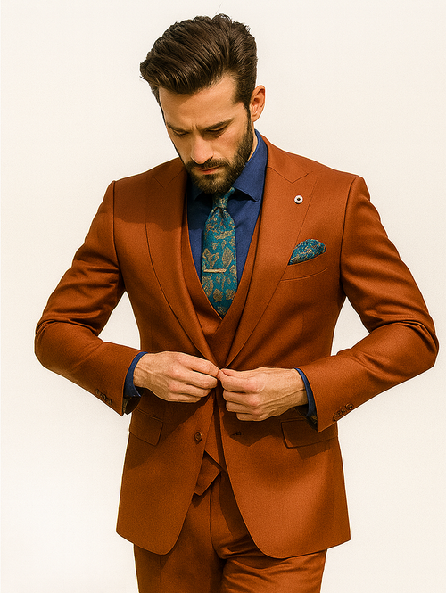 Elegant men's orange suit with vest: single-breasted jacket, notched lapels, sleek fit. Includes navy shirt and patterned tie for a sophisticated look.
