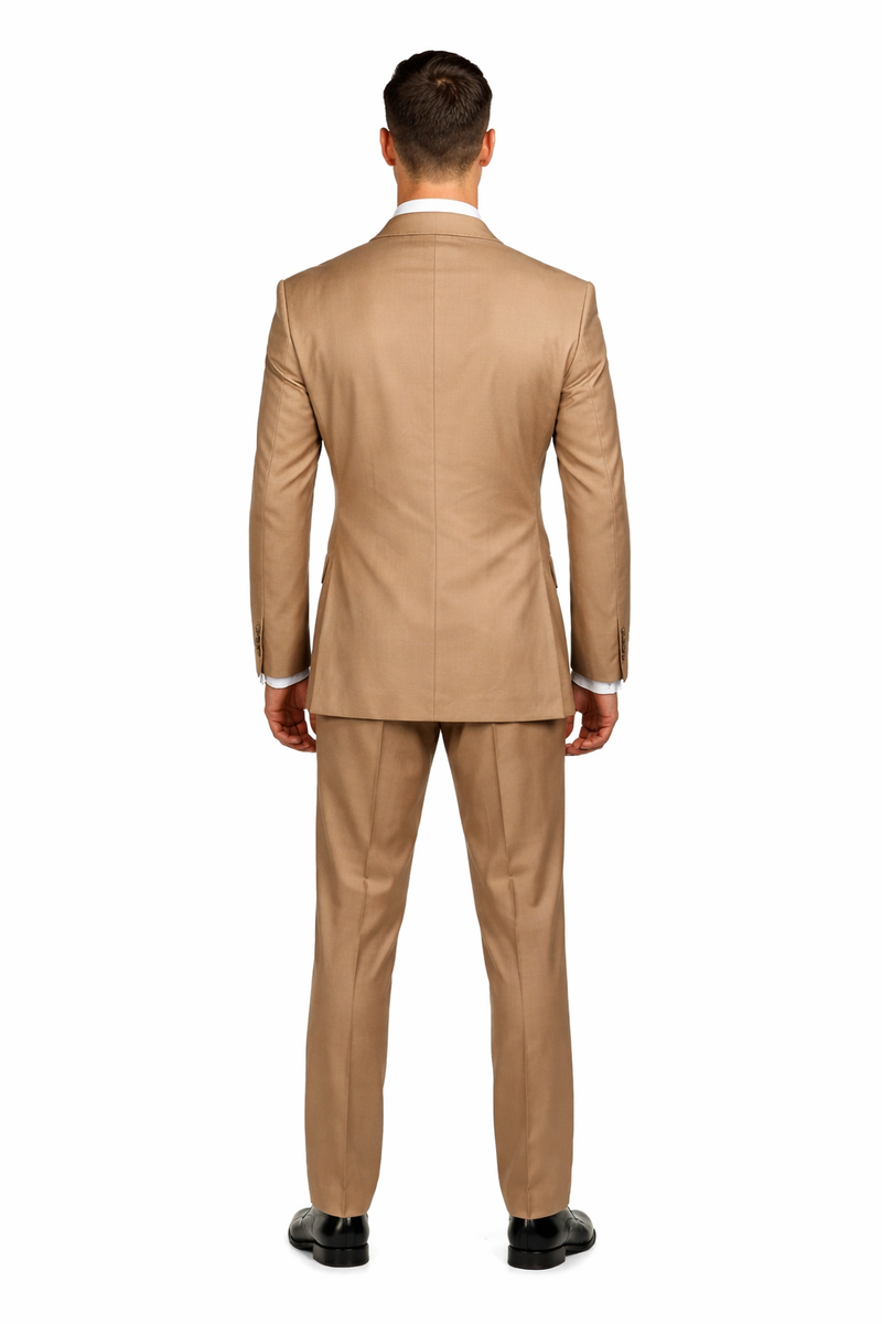 Mens Camel - Bronze - Goldish khaki Double-Breasted Suit - Luxury 2-Piece Formal Set with Gold Buttons and Peak Lapels by Rossi Man