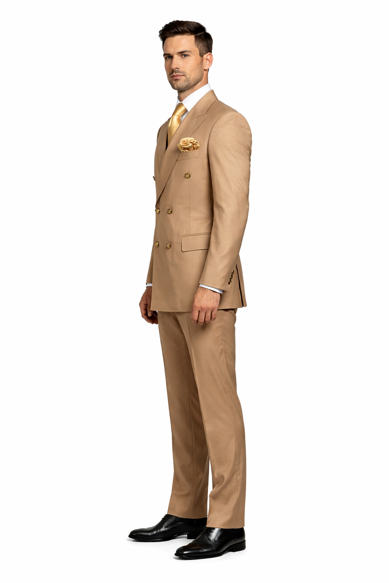 Mens Camel - Bronze - Goldish khaki Double-Breasted Suit - Luxury 2-Piece Formal Set with Gold Buttons and Peak Lapels by Rossi Man