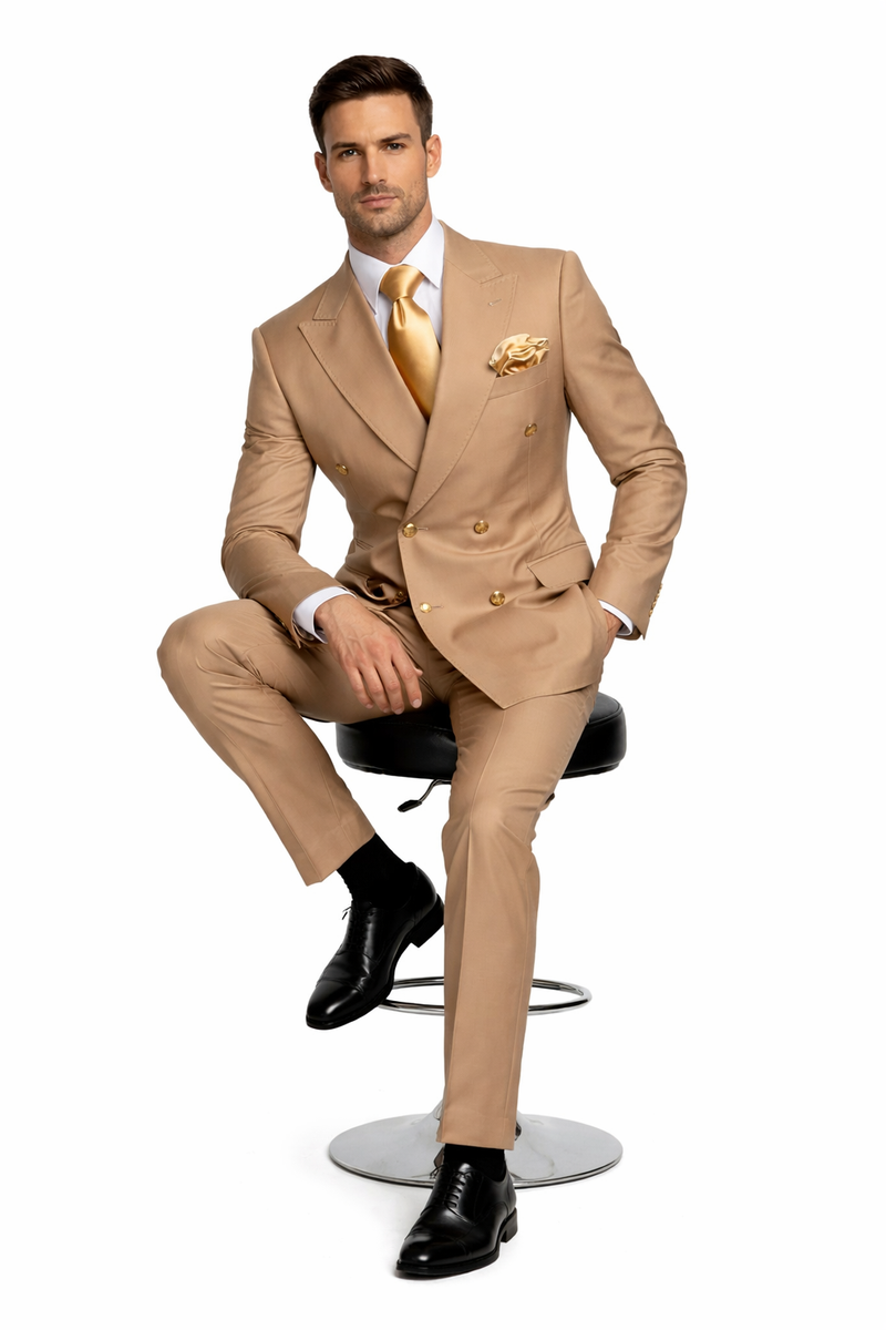 Mens Camel - Bronze - Goldish khaki Double-Breasted Suit - Luxury 2-Piece Formal Set with Gold Buttons and Peak Lapels by Rossi Man