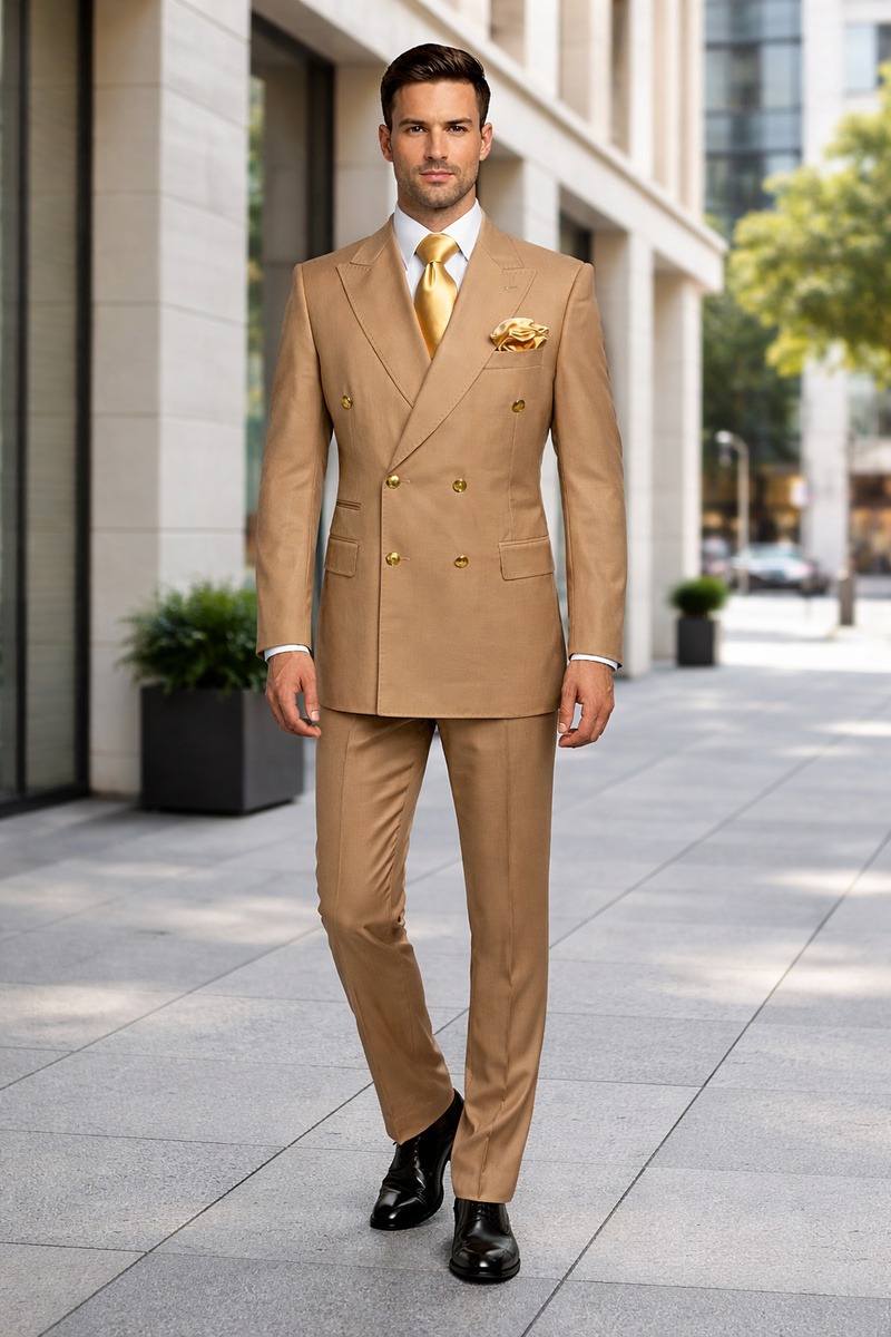 Mens Camel - Bronze - Goldish khaki Double-Breasted Suit - Luxury 2-Piece Formal Set with Gold Buttons and Peak Lapels by Rossi Man