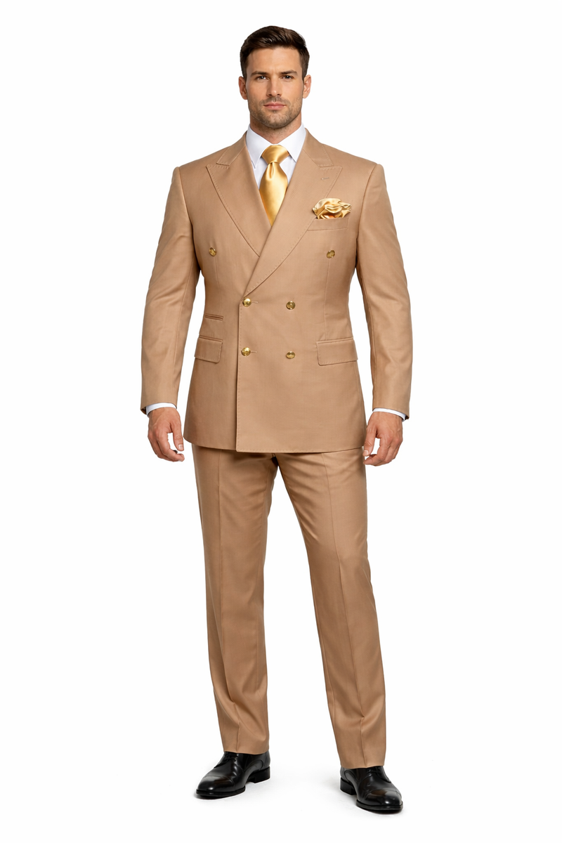 Mens Camel - Bronze - Goldish khaki Double-Breasted Suit - Luxury 2-Piece Formal Set with Gold Buttons and Peak Lapels by Rossi Man