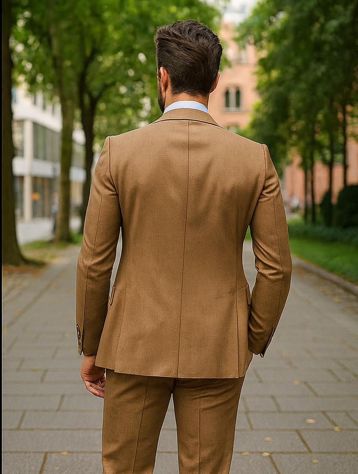 Camel brown suit. Tailored fit, single-breasted, notched lapels. Includes matching vest. Smooth, textured fabric. Luxurious and refined.
