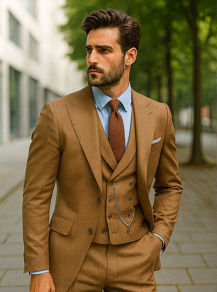 Camel brown luxury suit with vest. Tailored blazer, double-breasted vest (buttons, chain), fitted pants. Light blue shirt, brown tie create a coordinated look.
