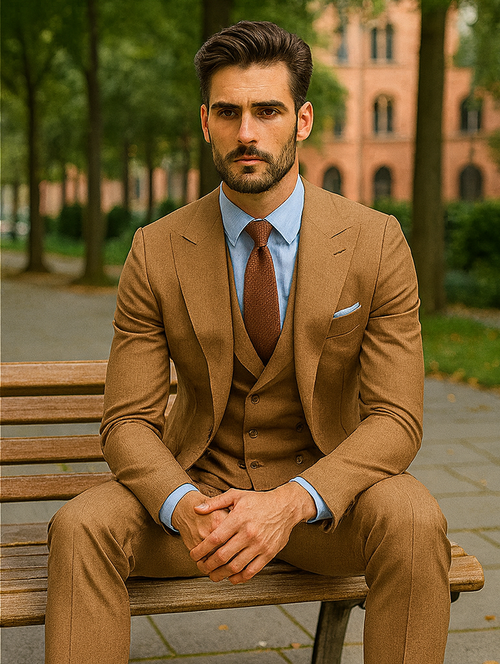 Elegant camel brown suit with vest. Tailored fit, structured shoulders, and fitted trousers. Includes a buttoned waistcoat, light blue shirt, and brown tie.
