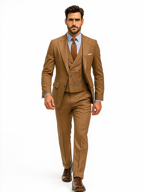 Camel brown luxury suit with tailored silhouette, double-breasted vest, and fitted trousers. Includes light blue shirt & brown tie. Smooth, structured fabric. A sophisticated, formal ensemble.
