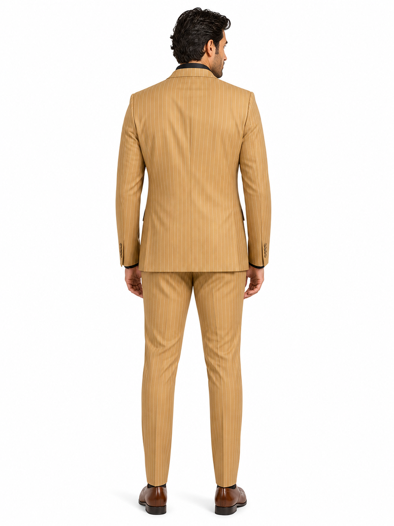 Mens Camel Tan Pinstripe Double-Breasted Suit - Bold 6-Button Modern Vintage Style