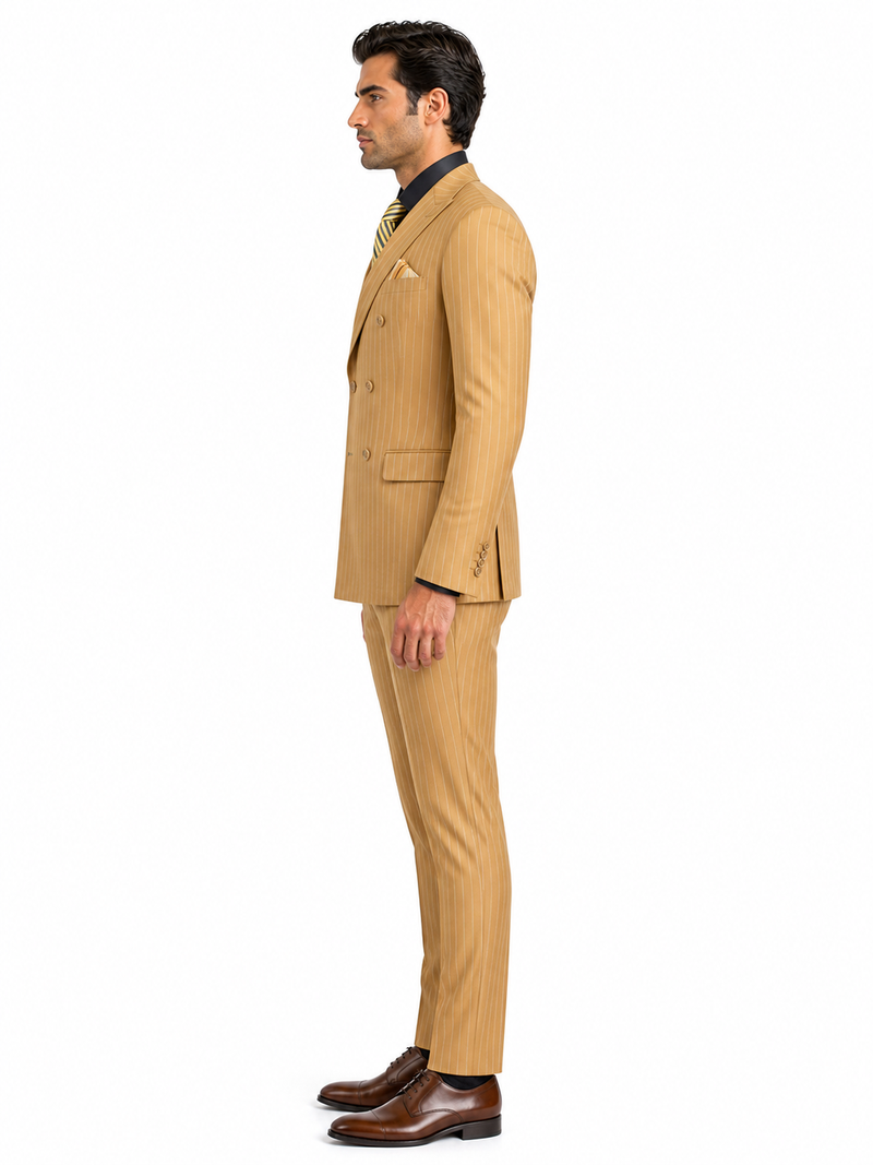 Mens Camel Tan Pinstripe Double-Breasted Suit - Bold 6-Button Modern Vintage Style
