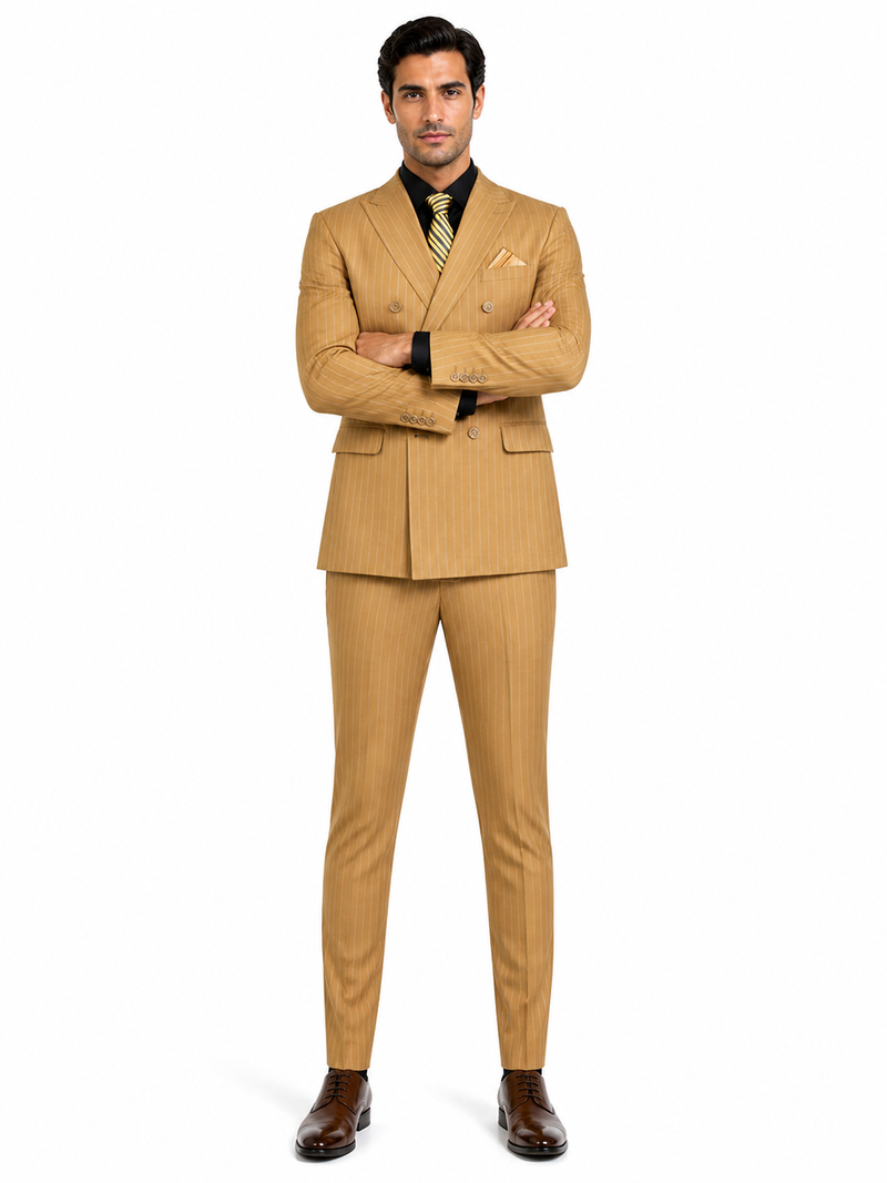 Mens Camel Tan Pinstripe Double-Breasted Suit - Bold 6-Button Modern Vintage Style