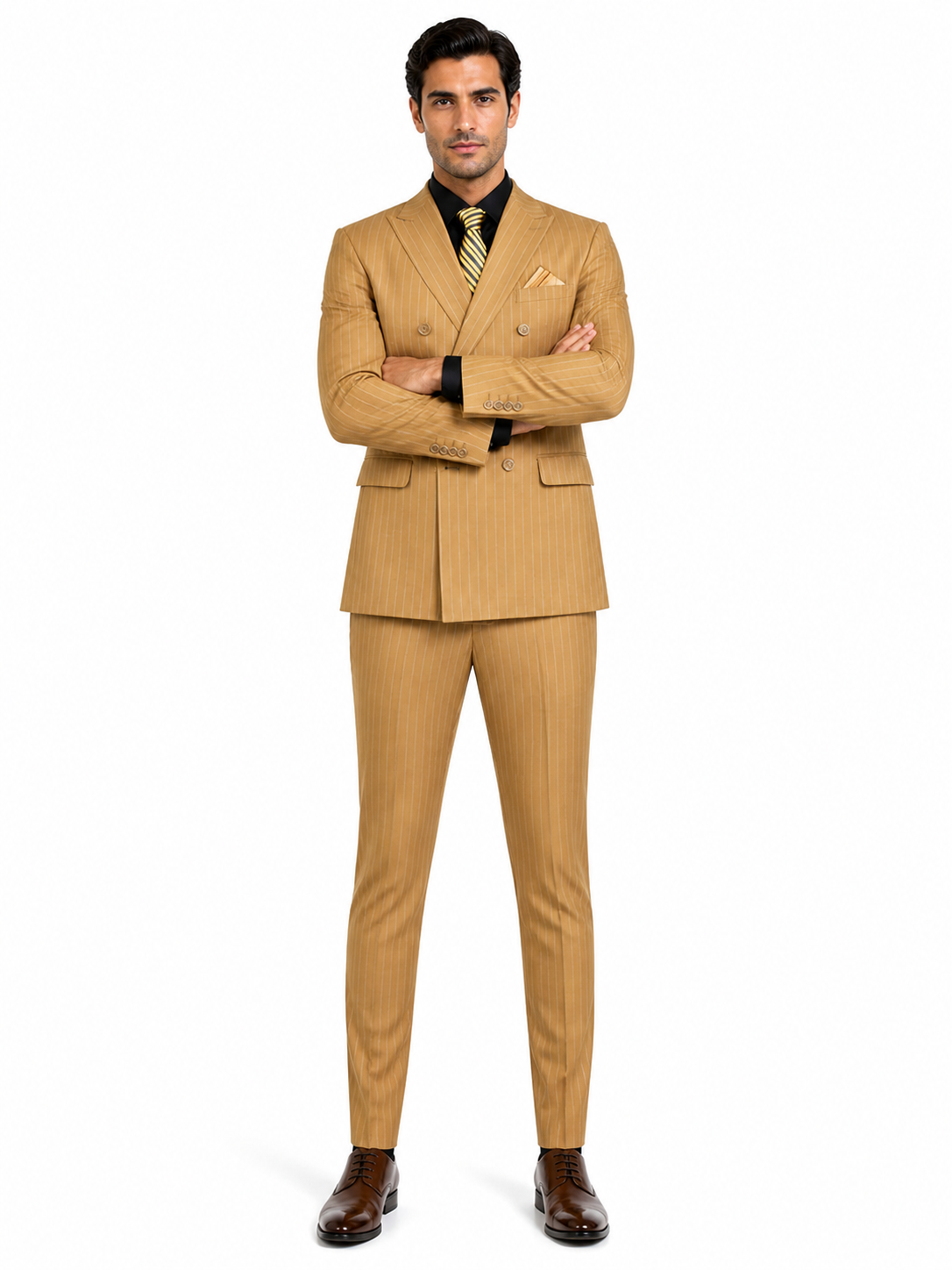 Mens Camel Tan Pinstripe Double-Breasted Suit - Bold 6-Button Modern Vintage Style