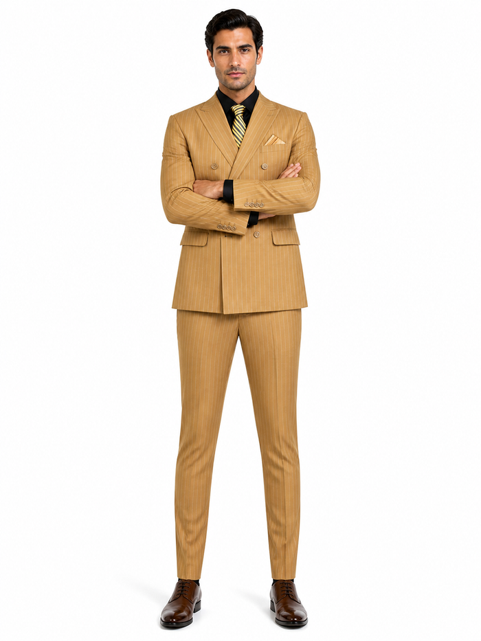 Mens Camel Tan Pinstripe Double-Breasted Suit - Bold 6-Button Modern Vintage Style