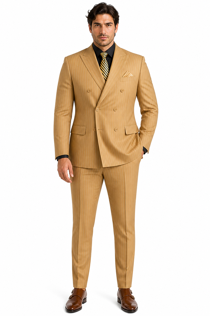 Mens Camel Tan Pinstripe Double-Breasted Suit - Bold 6-Button Modern Vintage Style