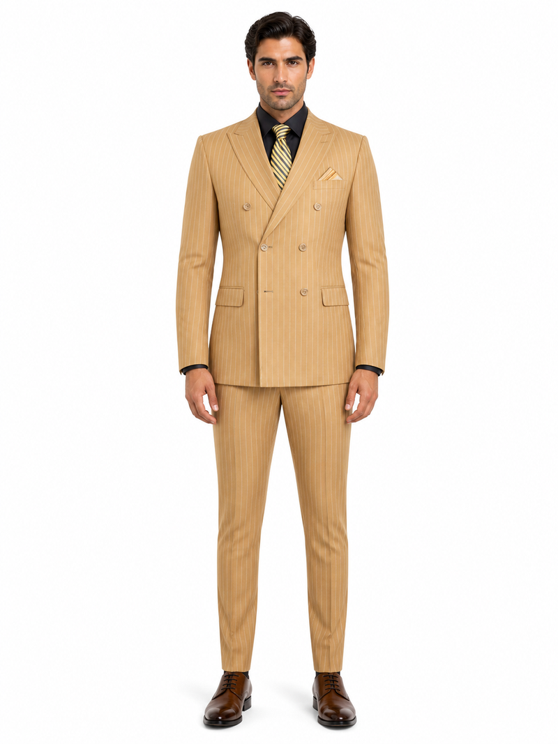 Mens Camel Tan Pinstripe Double-Breasted Suit - Bold 6-Button Modern Vintage Style
