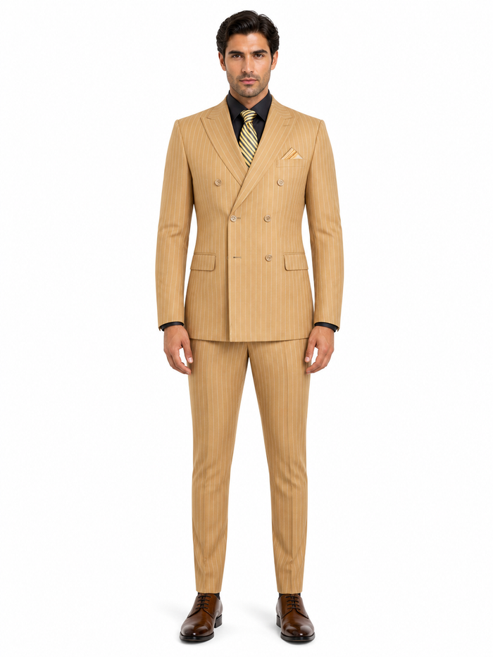 Mens Camel Tan Pinstripe Double-Breasted Suit - Bold 6-Button Modern Vintage Style