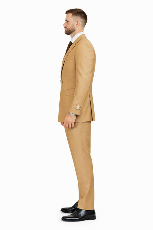Men’s Camel Double Breasted Wool Suit with Metal Buckle Closure