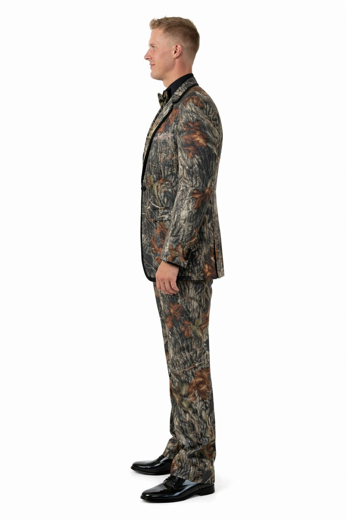 Army Green Tuxedo - Camouflage Patterned - Two Toned Vested Olive Camo  Single Breasted  2 Button One Chest Pocket Tuxedo