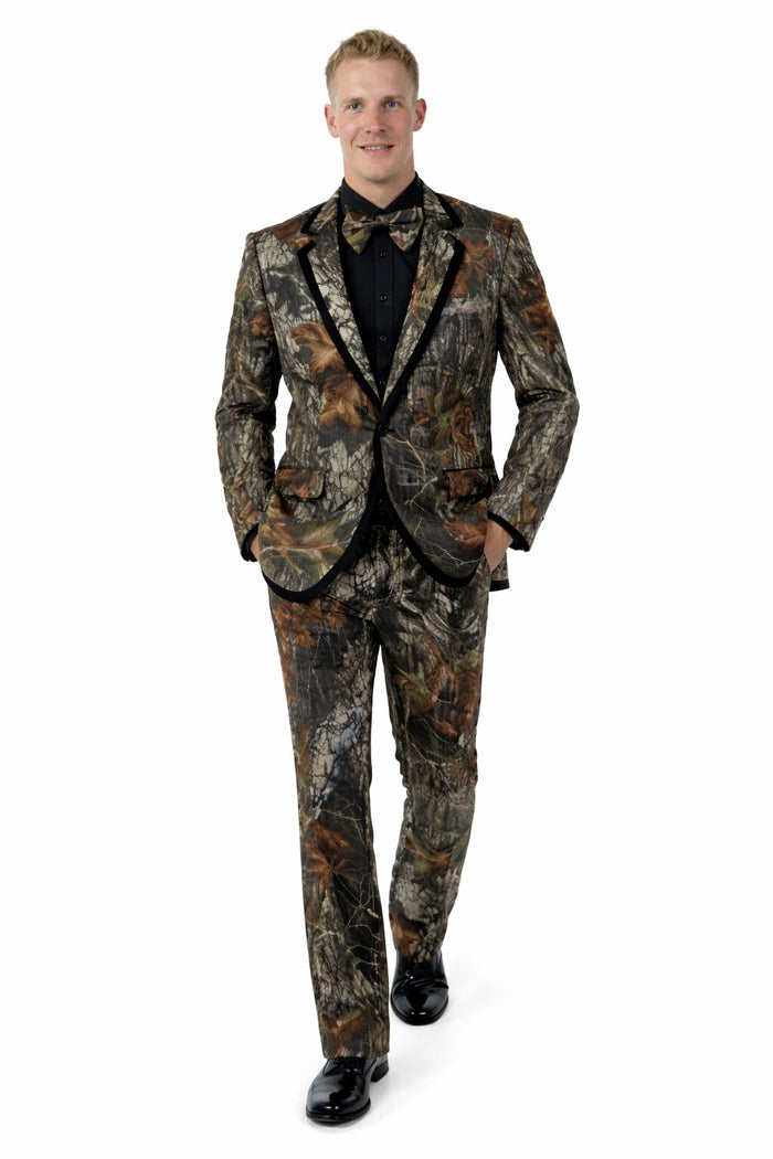 Army Green Tuxedo - Camouflage Patterned - Two Toned Vested Olive Camo  Single Breasted  2 Button One Chest Pocket Tuxedo