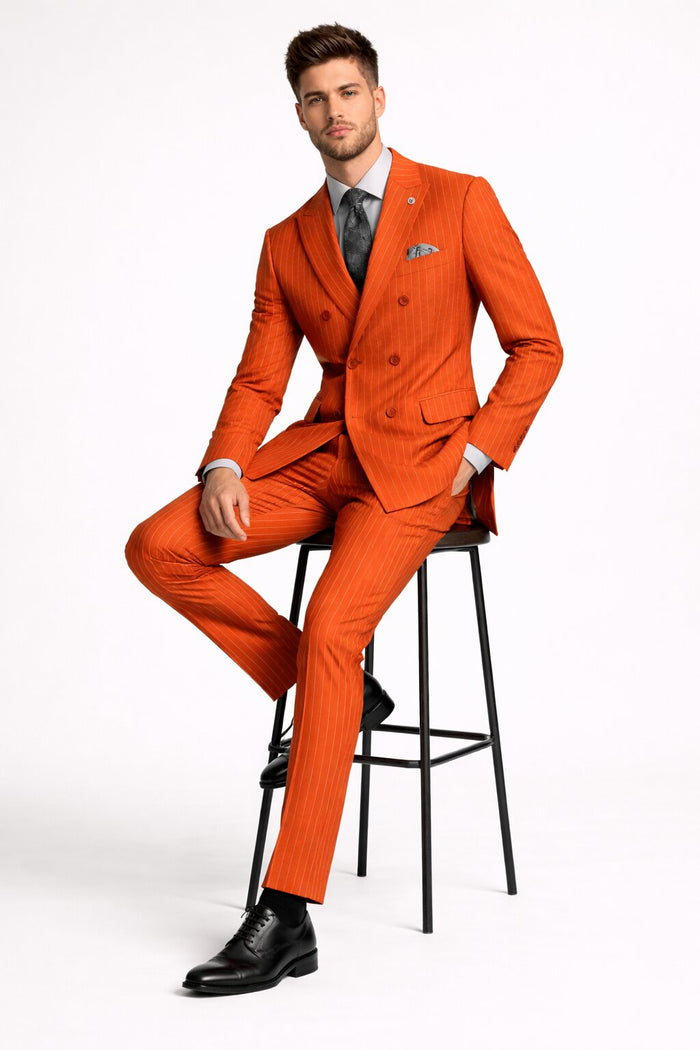 Mens Slim Fit Orange Pinstripe Canyon Clay Double Breasted Suit – Modern Designer Formal Suit