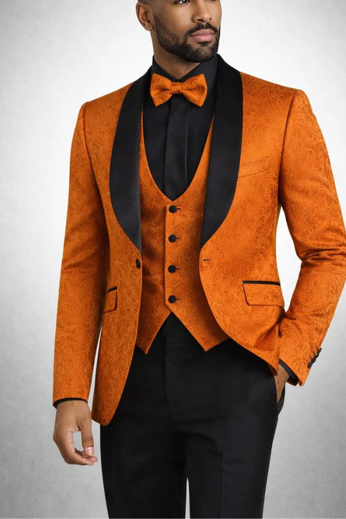 Men’s Designer Burnt Orange Floral Brocade Slim Fit Formal Tuxedo
