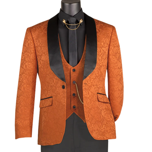 Men’s Designer Burnt Orange Floral Brocade Slim Fit Formal Tuxedo