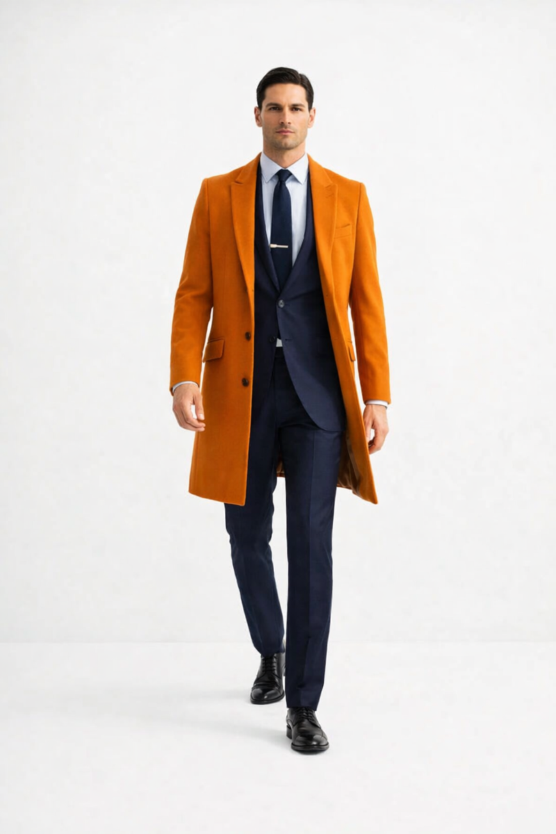 Mens Carcoat - Orange Three Quarter Peak Lapel Topcoat
