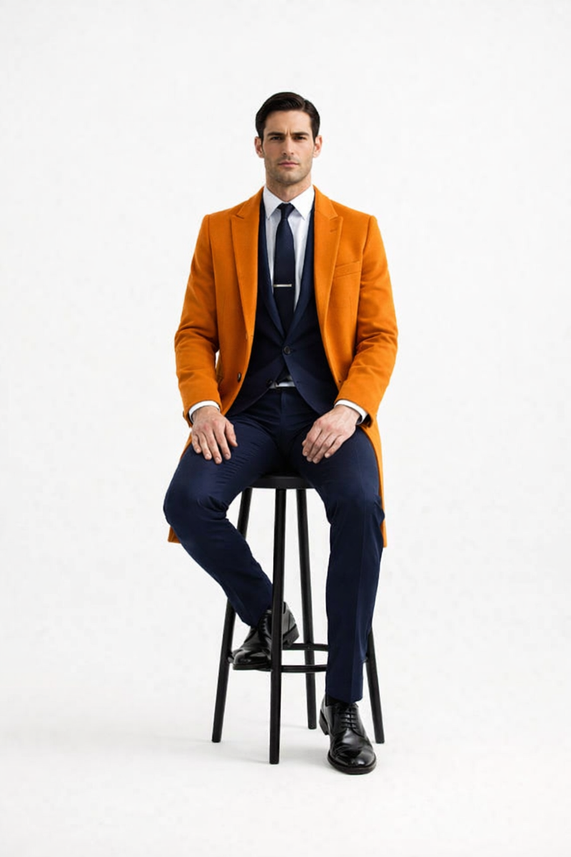 Mens Carcoat - Orange Three Quarter Peak Lapel Topcoat