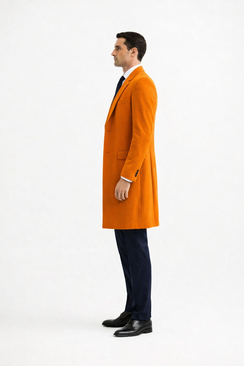 Mens Carcoat - Orange Three Quarter Peak Lapel Topcoat