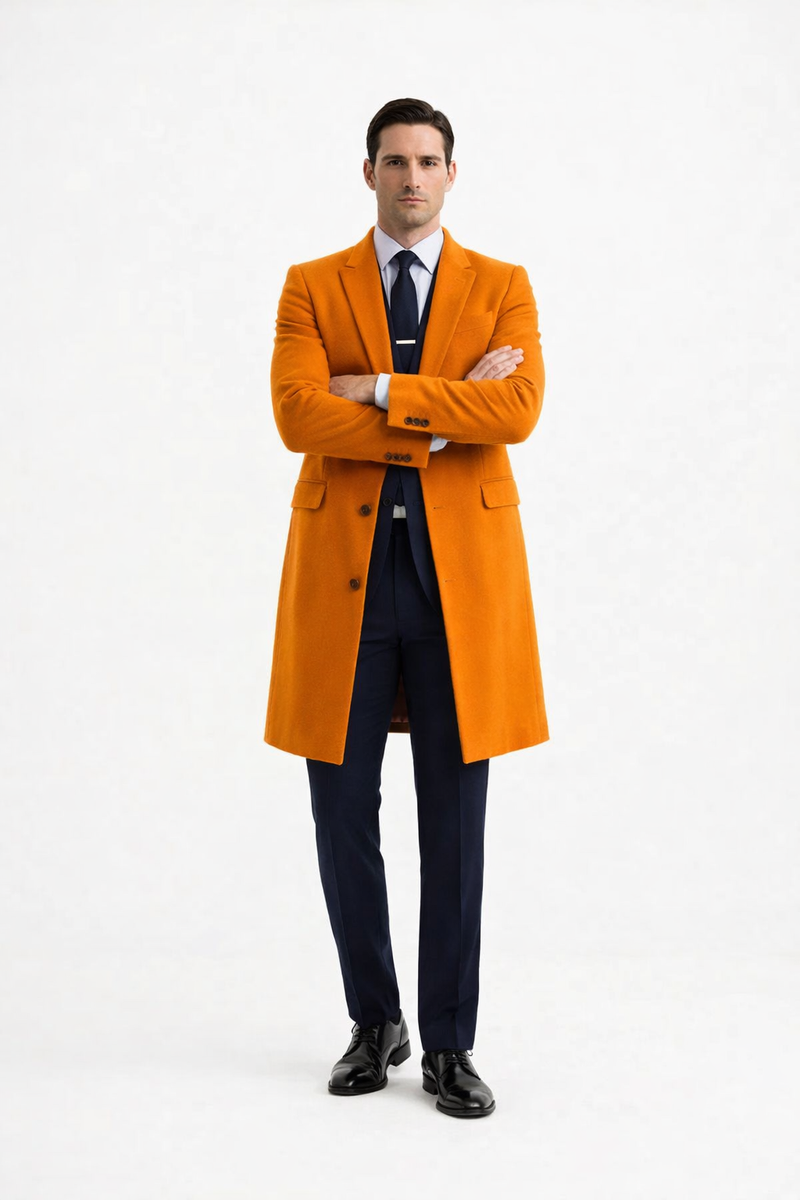 Mens Carcoat - Orange Three Quarter Peak Lapel Topcoat