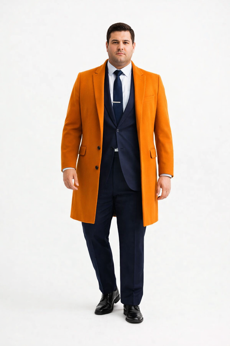 Mens Carcoat - Orange Three Quarter Peak Lapel Topcoat