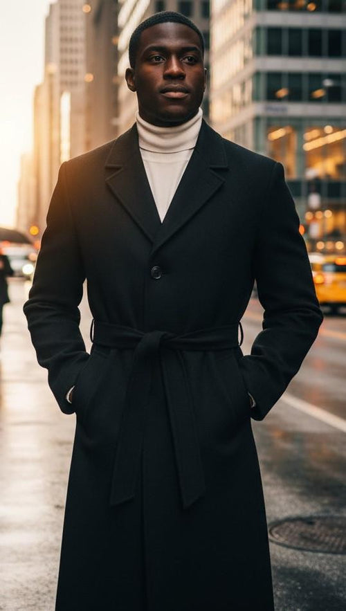 Men's black, full-length overcoat. Tailored, single-breasted with wide lapels and a waist belt. Dense, smooth fabric. Side pockets. Fitted structure. No patterns or embellishments.
