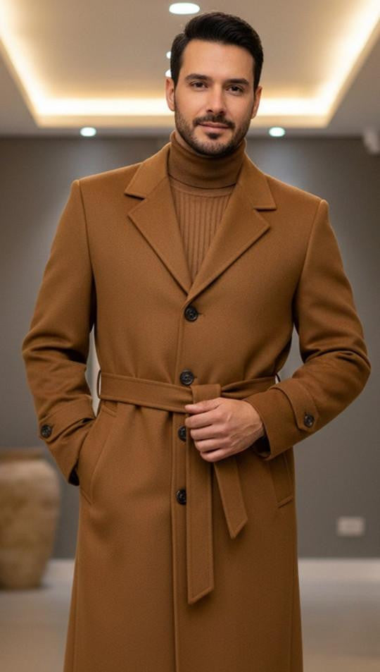 Men's light brown overcoat with notch lapel, fitted silhouette, and belt. Smooth fabric with sheen, dark buttons, side pockets. A classic, refined design.
