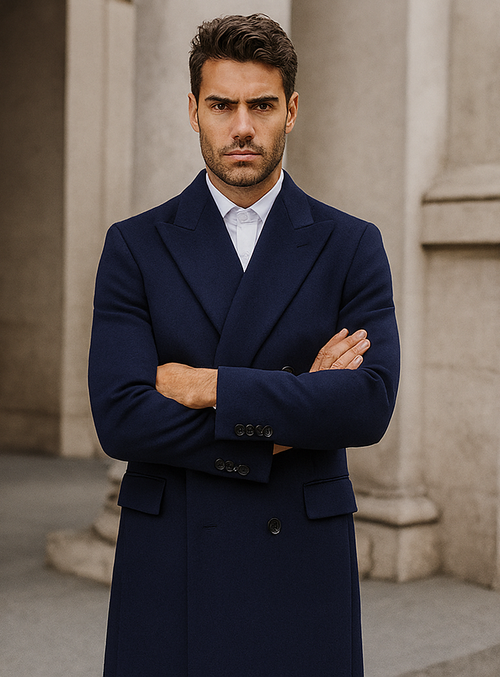 Mens Cashmere Blend Blue Coat Full length Overcoat