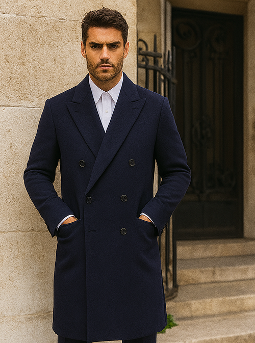 Mens Cashmere Blend Blue Coat Full length Overcoat