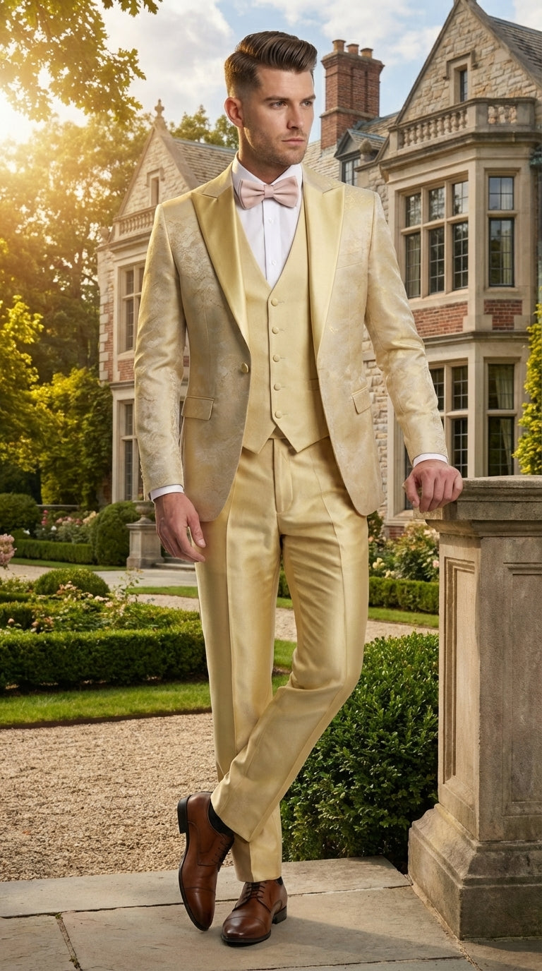 Vitali Mens Yellow Gold Designer Tuxedo Suit Set – Luxury Wedding Prom Formal Tuxedo with Vest Bow Tie in Champaign Color