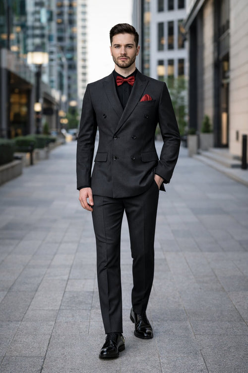 Ultra Slim Fit Double Breasted Charcoal Suit - Narrow Leg Pants - Gucci Cut - Tapered Jacket