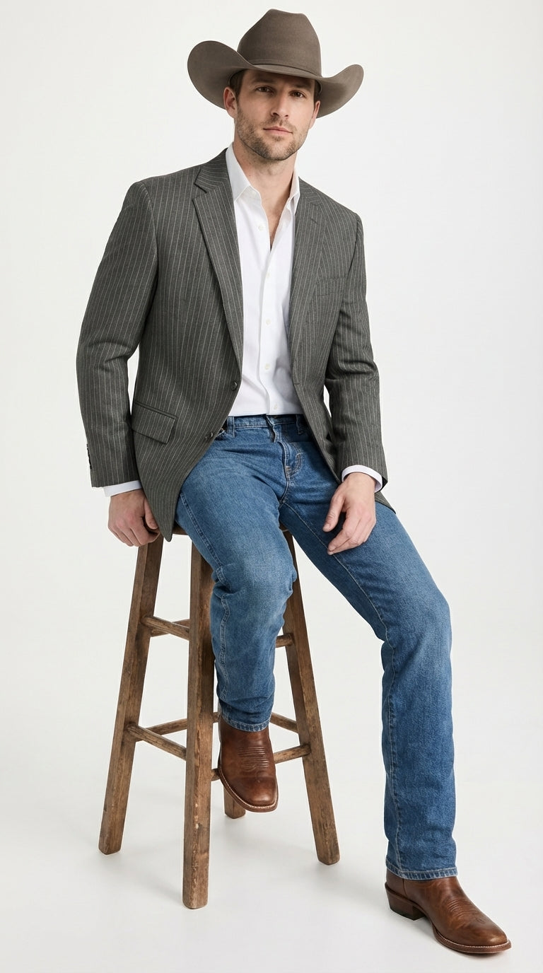 Mens Charcoal Gray Pinstripe Western Blazer – Classic Cowboy Style Jacket for Business, Formal and Smart Casual Wear