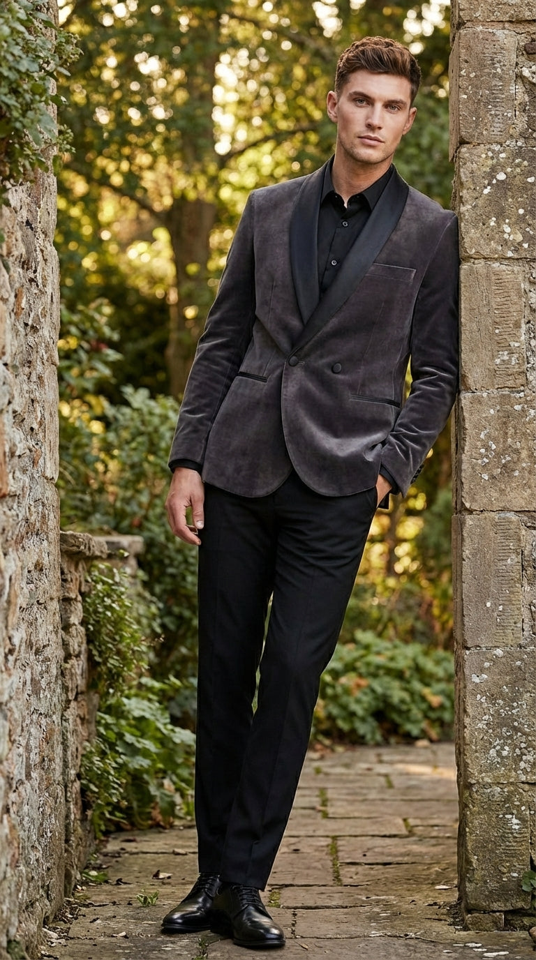 Mens Charcoal Gray Velvet Tuxedo Suit – Luxury Formal Wedding Suit with Black Shawl Lapel for Prom, Party Black Pants