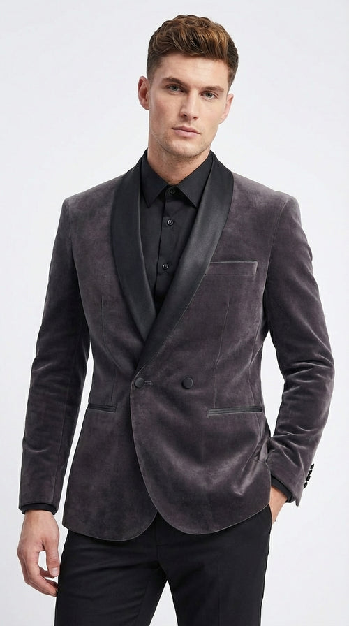 Mens Charcoal Gray Velvet Tuxedo Suit – Luxury Formal Wedding Suit with Black Shawl Lapel for Prom, Party Black Pants